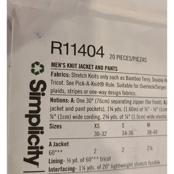 Simplicity R11404 Pattern Men XS S M L  Knit Zip Jacket & Pants Side Leg Snaps - Picture 9 of 12